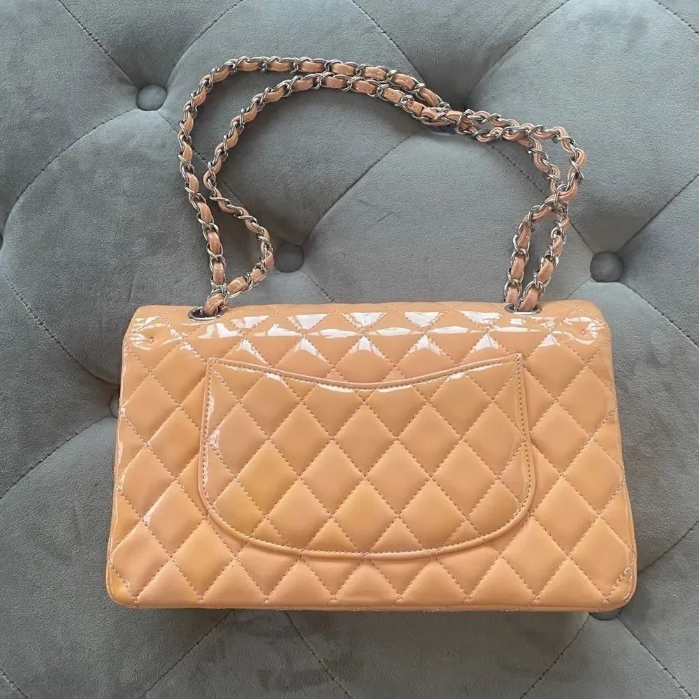 CHANEL Classic Medium Double Flap Bag peach patent